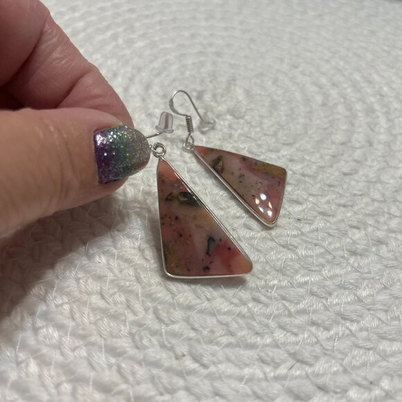 Beautiful PINK PERUVIAN OPAL Handmade Sterling 925 Dangle Earrings #168D - Picture 2 of 3